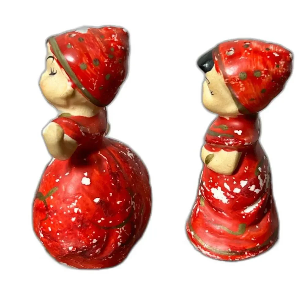 Vintage 1950s Japan Red Girl Figurines Salt Pepper Shakers Hand Painted w/ Corks
